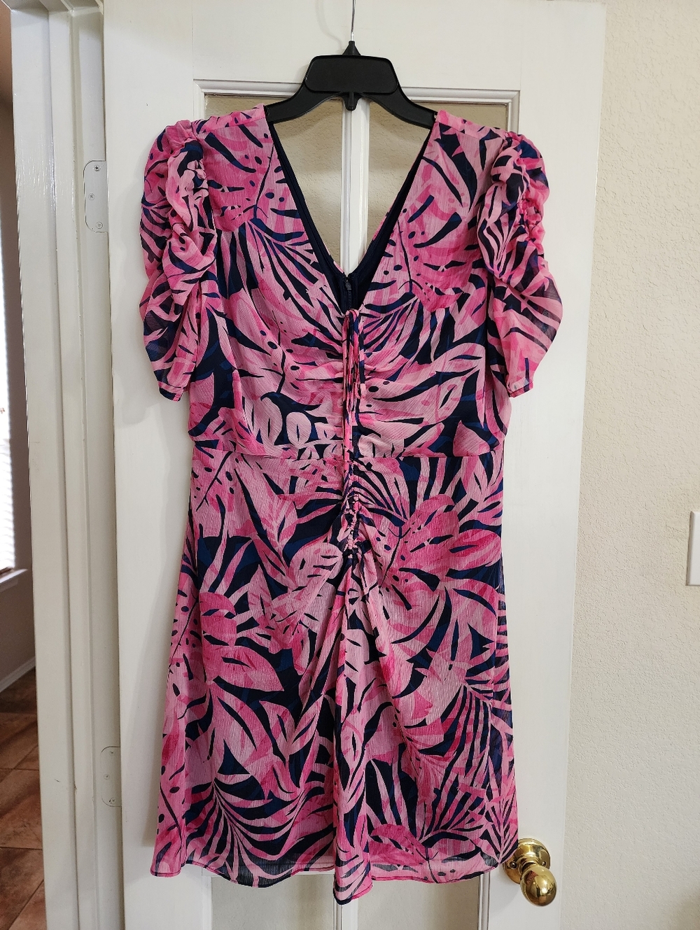 DKNY Tropical Leaf Print Dress Pink Navy Ruched Puff Sleeve 14